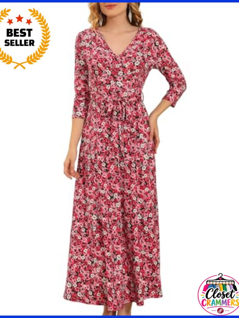 Aphratti Womens 3/4 Sleeve V Neck Faux Wrap Maxi Dress Summer Casual Beach